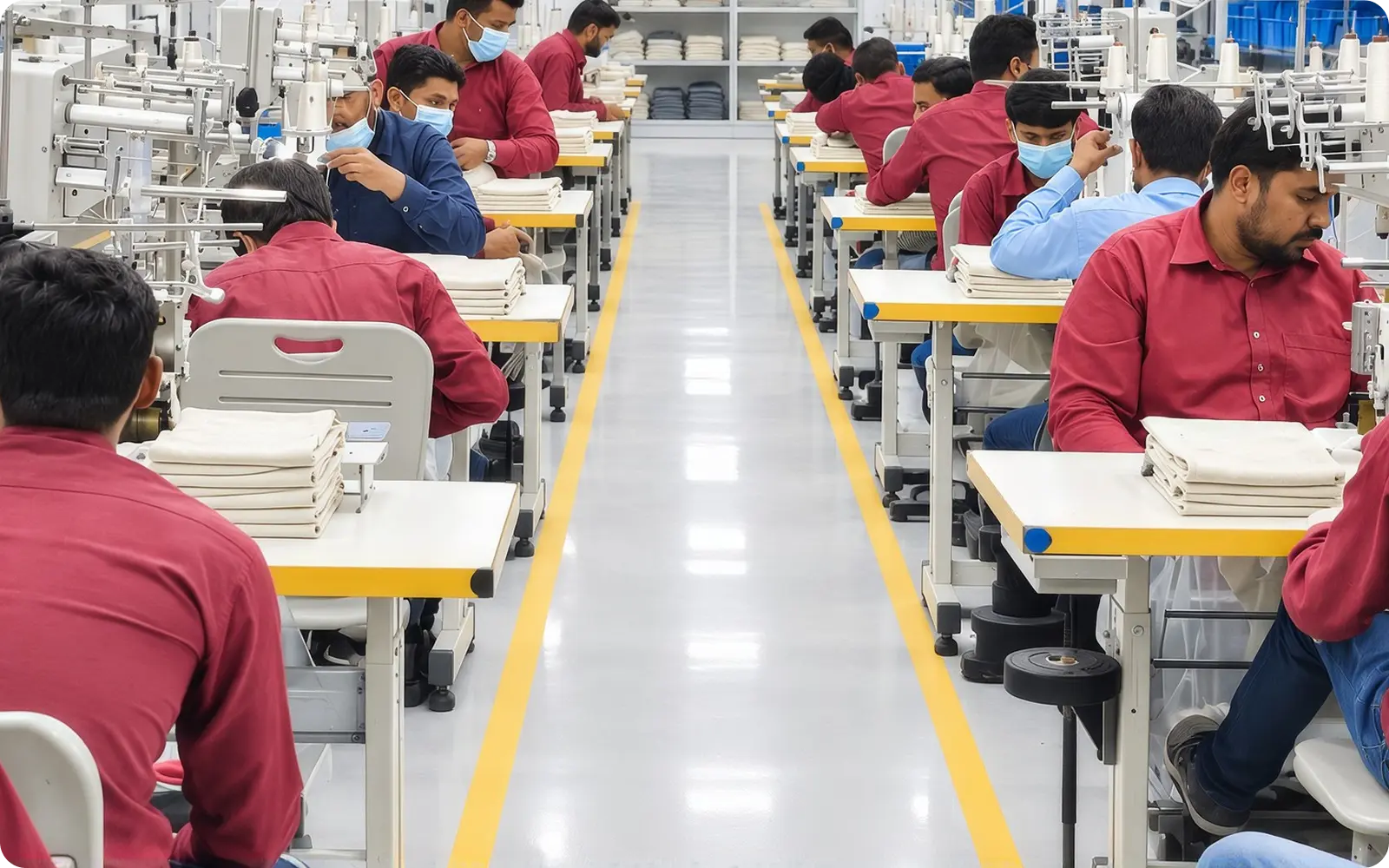 Worker stitching garment