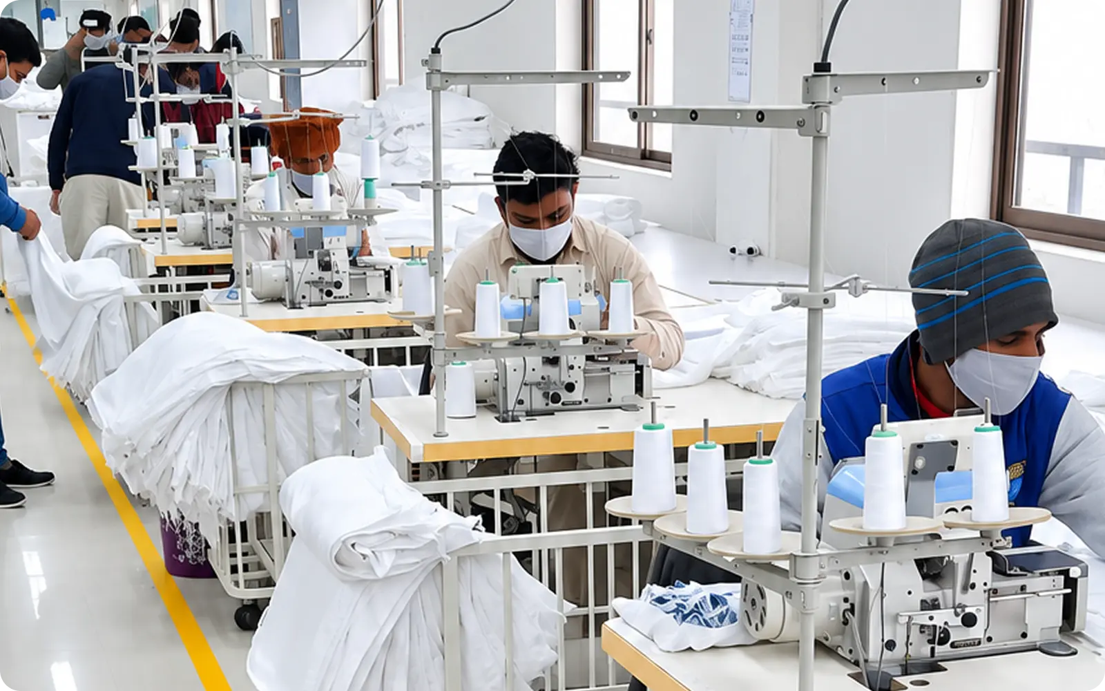 Worker stitching garment